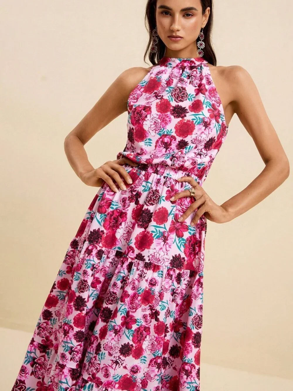 Multicolor Boho Women's Sleeveless Ditsy Floral Waist Cinched Dress